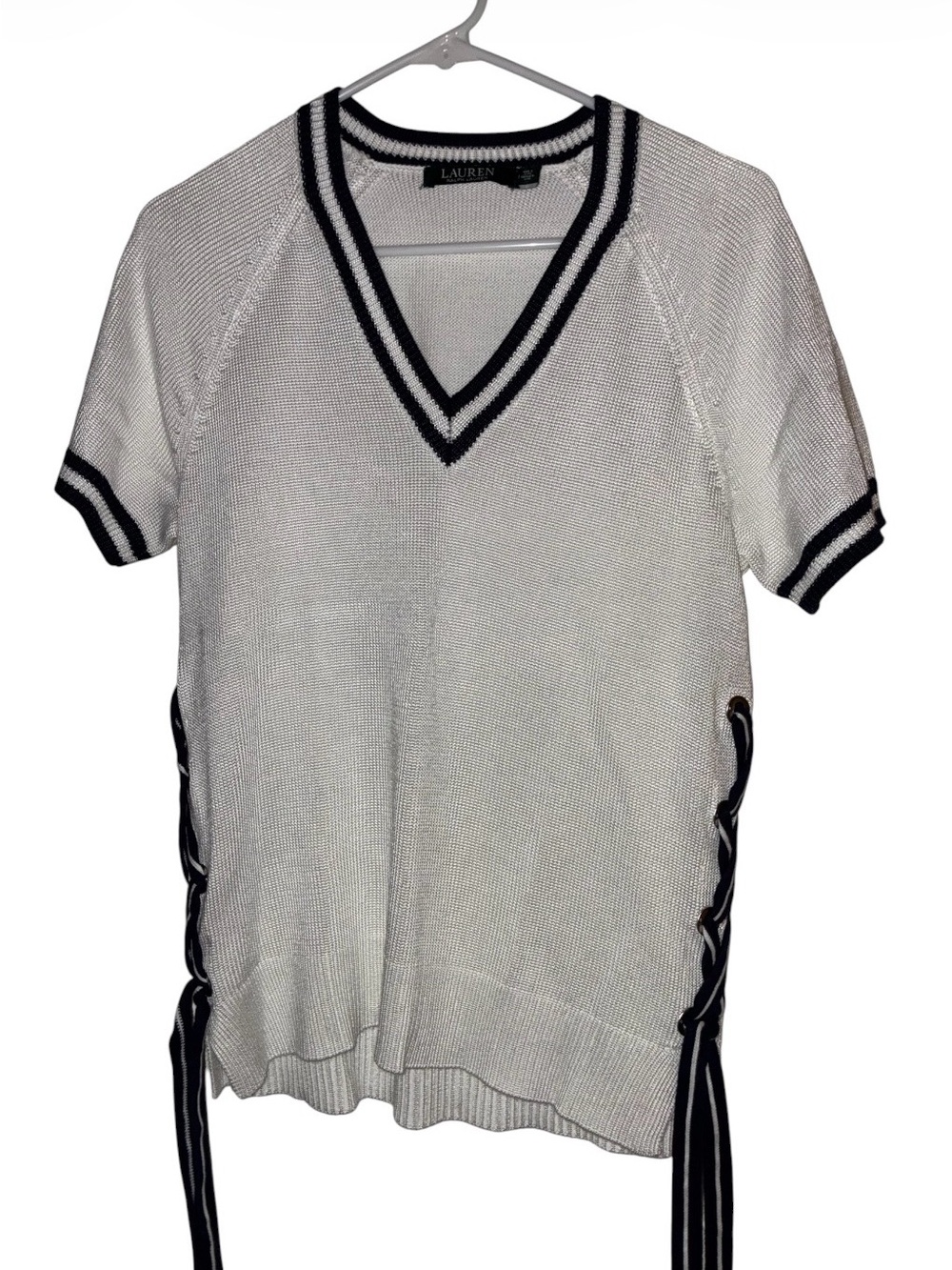 Ralph Lauren White V-Neck Knit Sweater with Navy Trim and Side Lace-Up Sz M